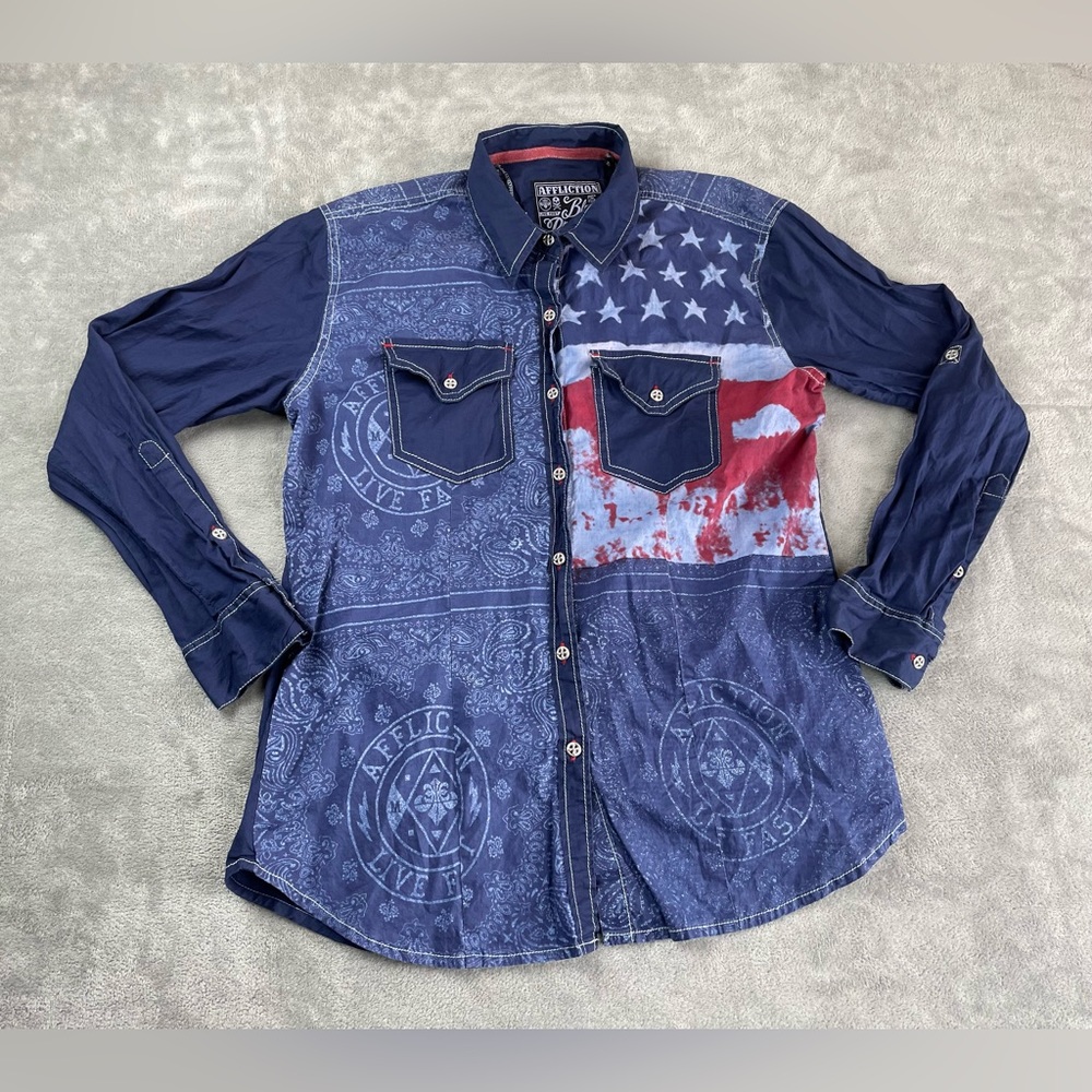 Affliction Shirt Top Womens Large L Tag? Blue Red USA Flag Long Sleeve Button Up